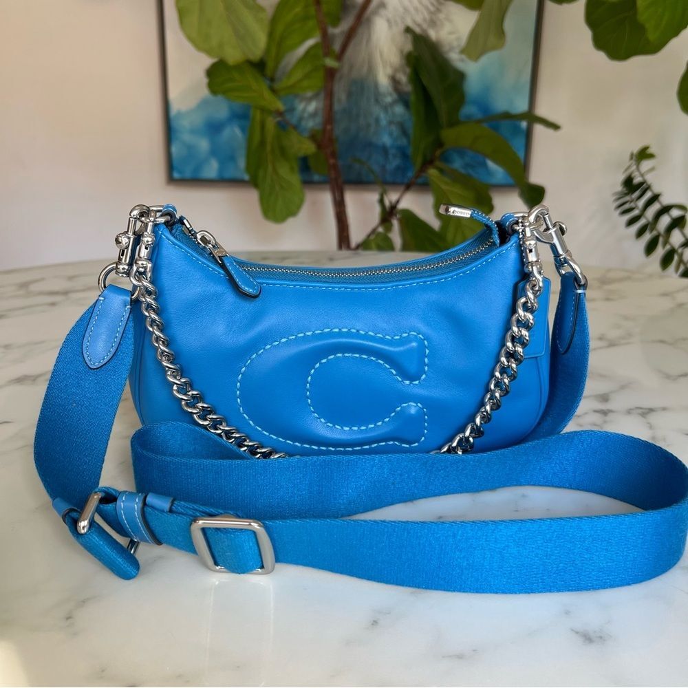 Coach Teri Shoulder Bag w/ Signature Quilting Silver Bright Blue CJ608 Crossbody - Picture 14 of 16